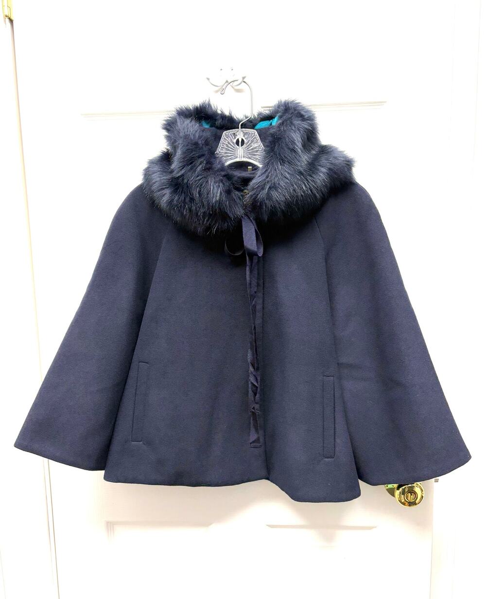 Tahari Capelet Nadja Navy L/XL Removable Faux Fur Collar Teal Satin Lined